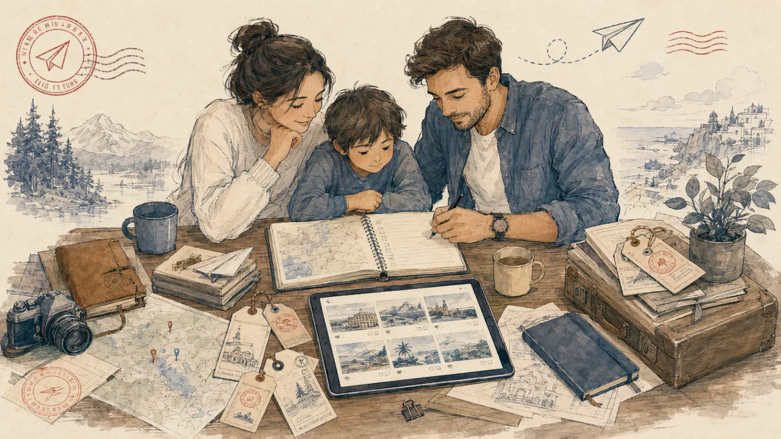 A watercolor scene of a family planning a trip together around a table of maps and notebooks